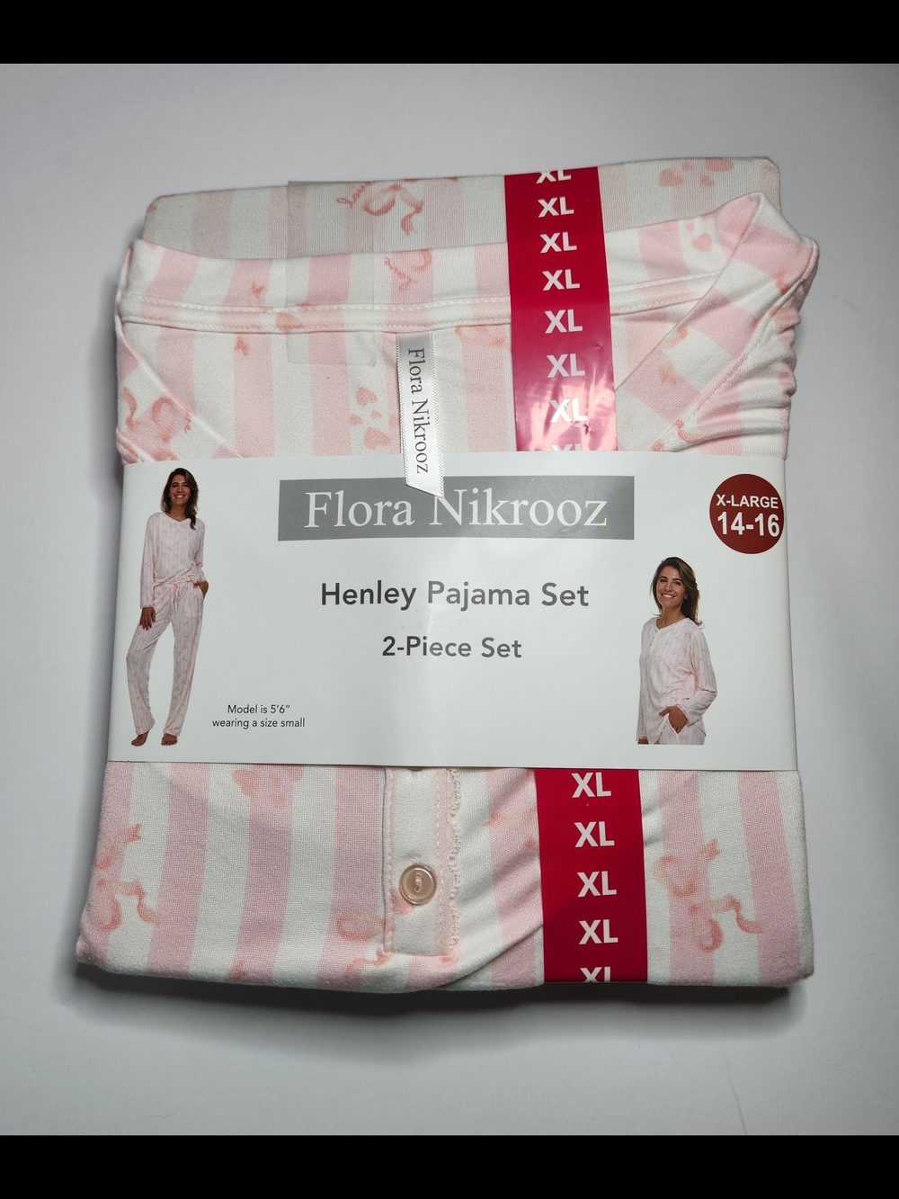 Flora Nikrooz Pink & White Striped W/Bows Henley Pajama Set